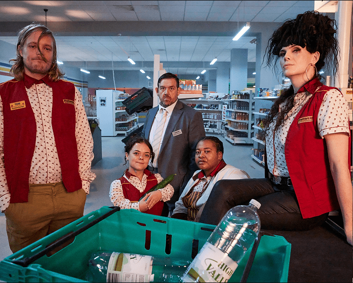 Cast ensemble of Transaction TV show including Jordan Gray and Nick Frost