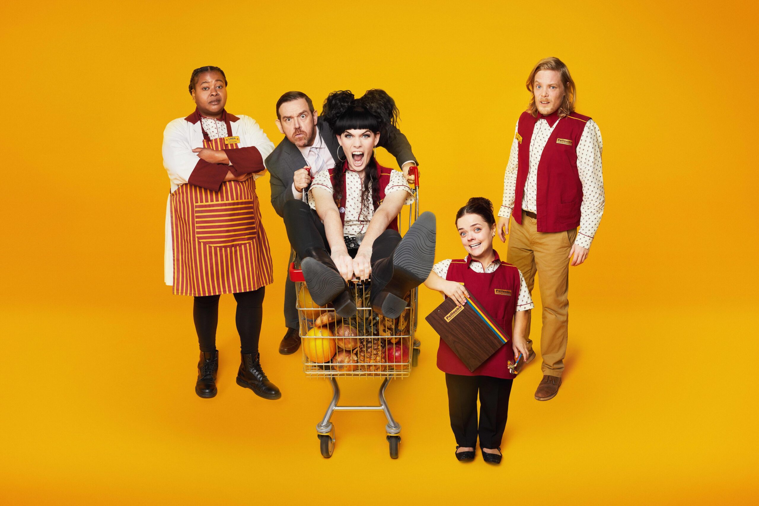 Official poster for Transaction TV show featuring Jordan Gray in supermarket chaos
